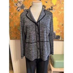 Misook Gray/Black Acrylic Knit Button Front Cardigan Classic Professional L